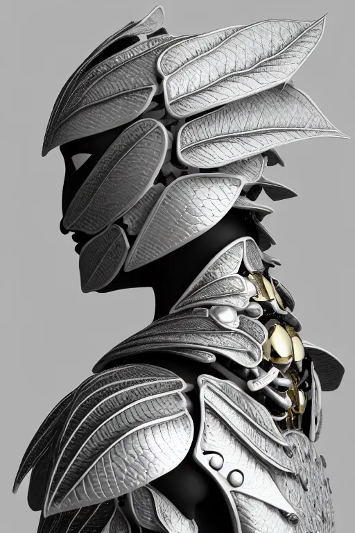 Image similar to monochrome close - up profile face, black background, beautiful young porcelain bio - mechanical vegetal - dragon - cyborg - female, white metallic armour, silver gold details, magnolia leaves and stems, roots, mandelbot fractal, 1 5 0 mm, beautiful natural soft rim light, elegant, hyper real, ultra detailed, octane render, 1 6 k