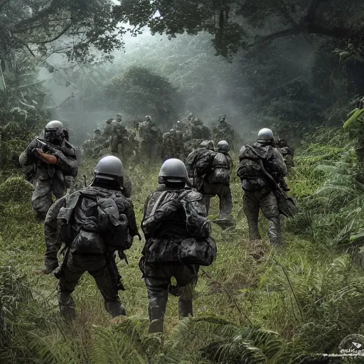 Prompt: Mercenary Special Forces soldiers in light grey uniforms with black armored vest and helmet escorting a VIP in the jungles of Tanoa, combat photography by Feng Zhu, highly detailed, excellent composition, cinematic concept art, dramatic lighting, trending on ArtStation