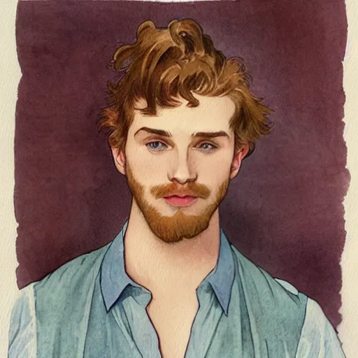 Image similar to watercolor drawing of a young cute handsome beautiful strawberry blond medium very curly thick hair and slight thin facial hair man in his early 2 0 s wearing a blank maroon t - shirt with grey - blue eyes, by elizabeth peyton and alphonse mucha