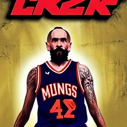 Image similar to nba 2 k video game cover art depicting charles manson dunking a basketball