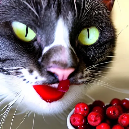 Image similar to cctv footage of a cat eating berries. close up. caught on camera