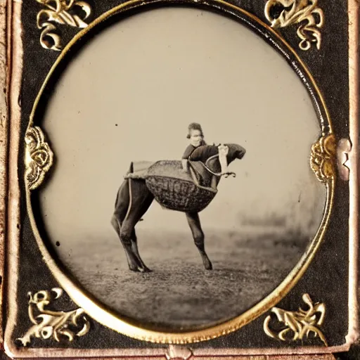 Prompt: tintype photo of child riding huge beetle