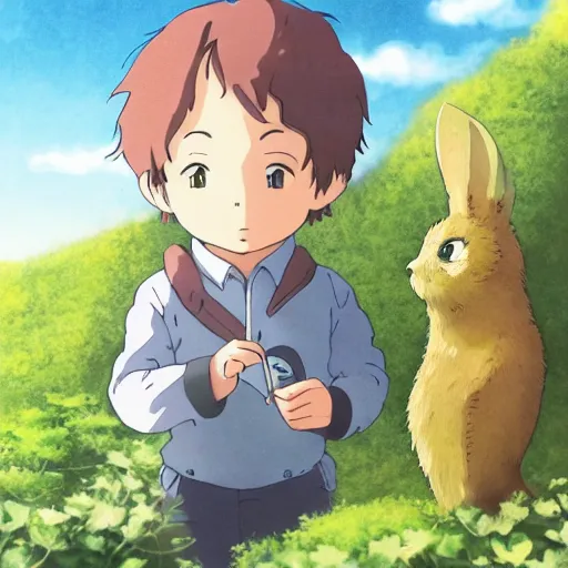 Image similar to friendly guy and small creature , with Fragile looking character portrait face and small made in Ghibli art ,highly detailed art, beautiful scene, sharp focus, smooth, 8k, anime art,