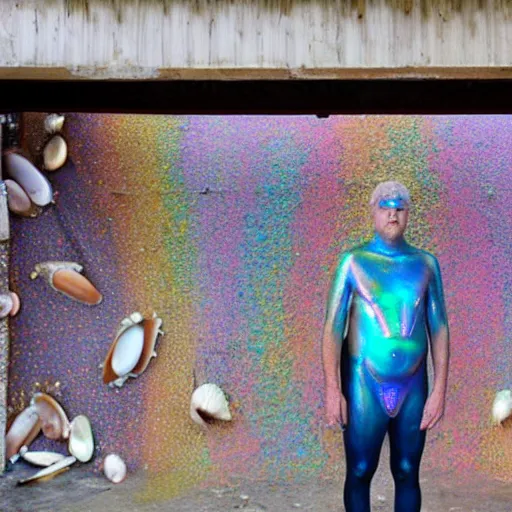 Image similar to a human standing in his garage, covered with iridescent bodypaint, shells and barnacles