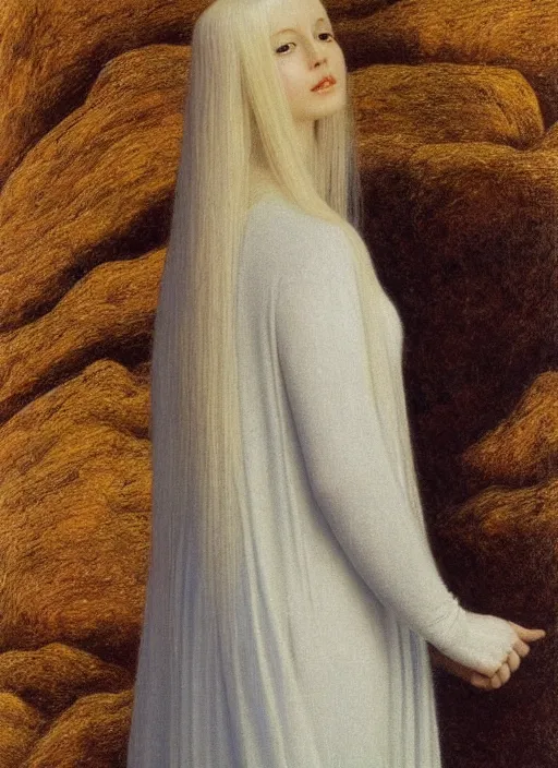 Image similar to thin young beautiful girl with silver hair, pale!, wearing white robes!, wearing hair, golden goddess, young cute wan korean face, silver hair!!, oil on canvas, style of jean delville, 4 k resolution, aesthetic!,