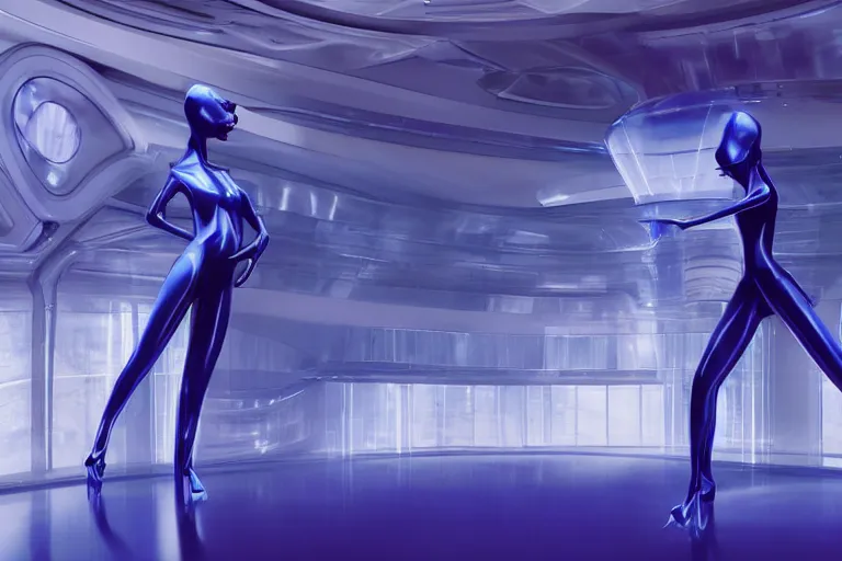 Image similar to vfx movie scene closeup portrait of beautiful blue skin skimpy alien woman dancing in sleek futuristic decadent spaceship pillars, futuristic ballroom. giant windows view of earth obit. by emmanuel lubezki