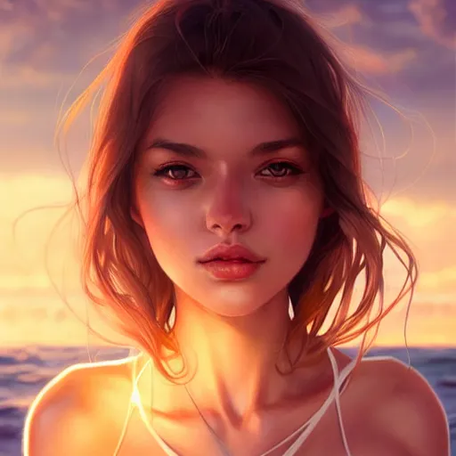 Prompt: symmetry!!!!!!! portrait of beautiful woman on the beach, hazel eyes, sunset, highly detailed, warm lighting, sharp focus, bokeh, trending on art station, digital painting by wlop, by rossdraws, by artgerm, by greg rutkowski