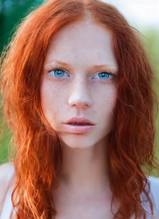 Image similar to close up portrait photograph of a thin young redhead woman with russian descent, sunbathed skin, with deep blue eyes. Wavy long maroon colored hair. she looks directly at the camera. Slightly open mouth, face takes up half of the photo. a park visible in the background. 55mm nikon. Intricate. Very detailed 8k texture. Sharp. Cinematic post-processing. Award winning portrait photography. Sharp eyes.