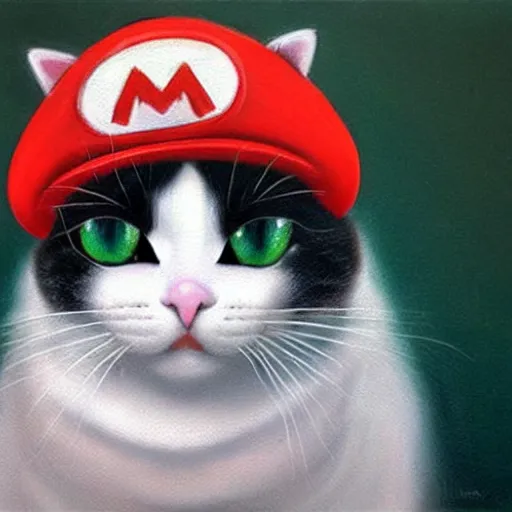 Prompt: A beautiful oil painting of a Kawaii Cat wearing a Super Mario Hat, art by michelangelo, volumetric lighting, photorealistic, highly detailed.