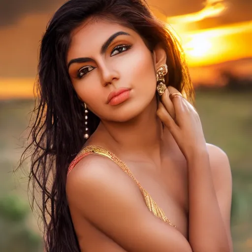 Prompt: a masterpiece detailed beautiful Mexican Indian female model at golden hour, 8k, UHD