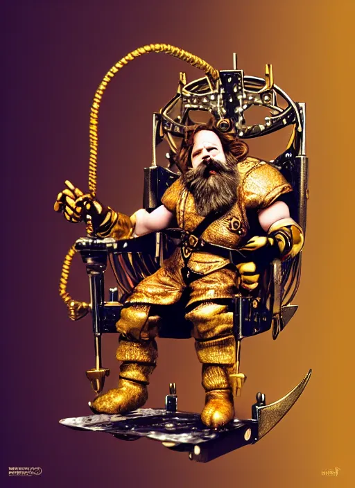 Prompt: dwarf fighter sitting in mechanical spider chair, gold, exquisite details, black beard, white background, by studio muti