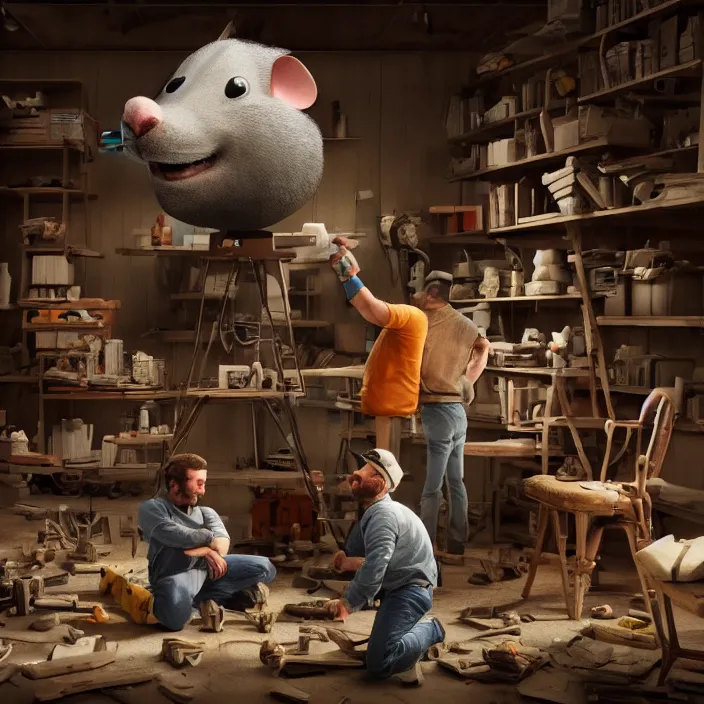 Image similar to crew of workers building giant mouse - movie prop - head in quaint workshop, octane render, 4 k ultra hd, hyper - detailed, realistic, seedy lighting, sharp focus, in style of beeple