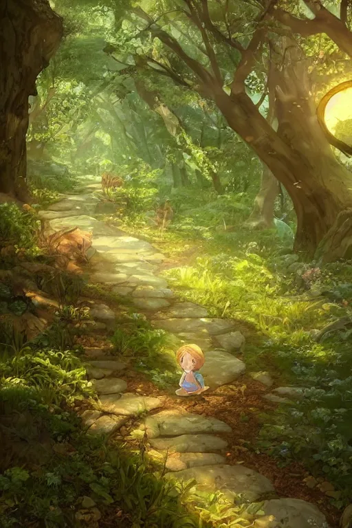 Image similar to forest path, fairy, beautiful ancient trees, hiding large treasure chest, glowing fireflies, serene evening atmosphere, soft lens, soft light, cel - shading, animation, in the style of cgsociety, deviantart, artstation, zbrush, cinema 4 d, studio ghibli, akihiko yoshida, atelier lulua, masamune shirow