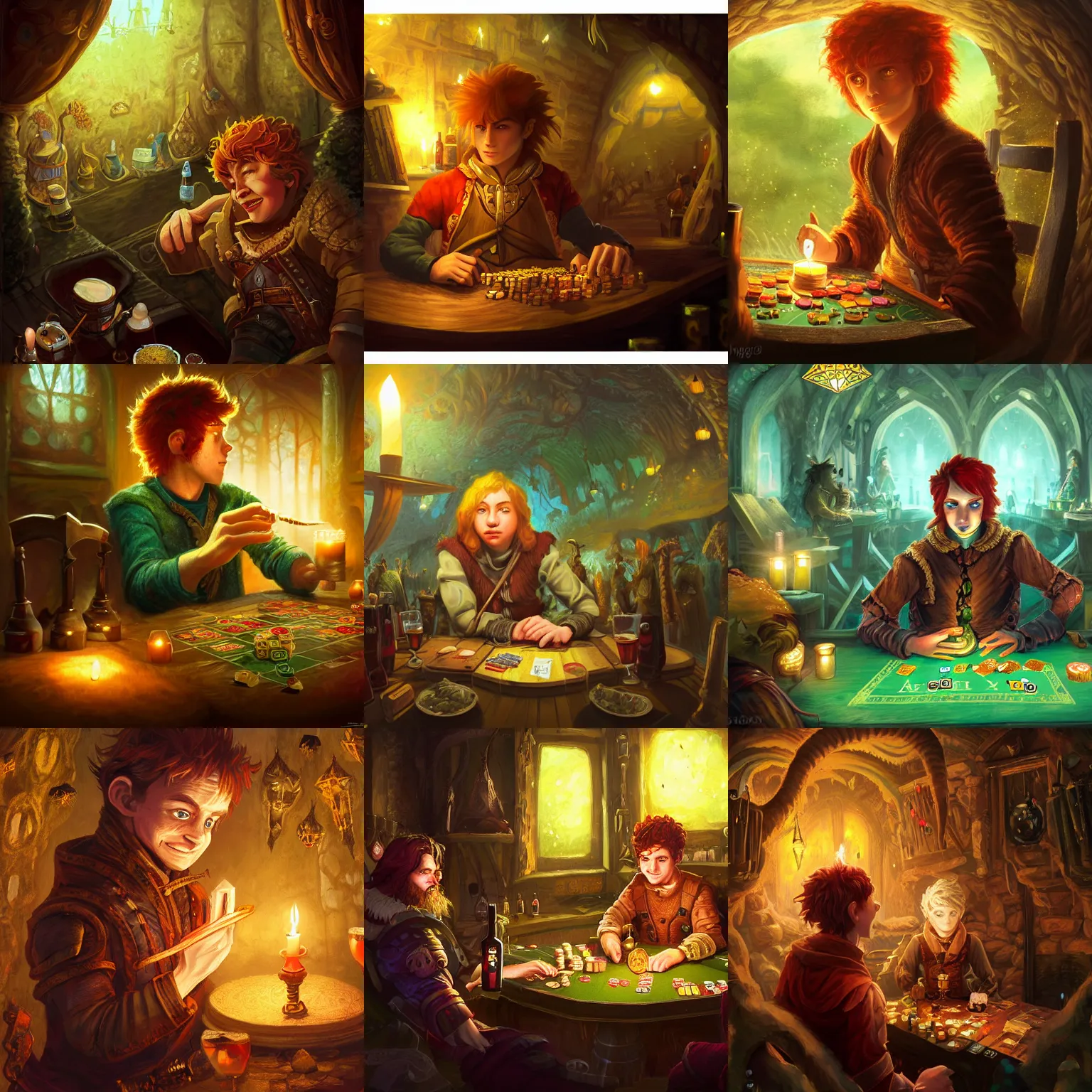 Prompt: 8k ultra high detailed illustration by Anato Finnstark of a 18 year old halfling male bard character from dungeons and dragons, rolling dice, gambling, red hair and freckles, ultra wide shot, green and brown clothes, crowded inn in the background, cozy candlelight, depth of field, multiple patrons drinking ale in the background
