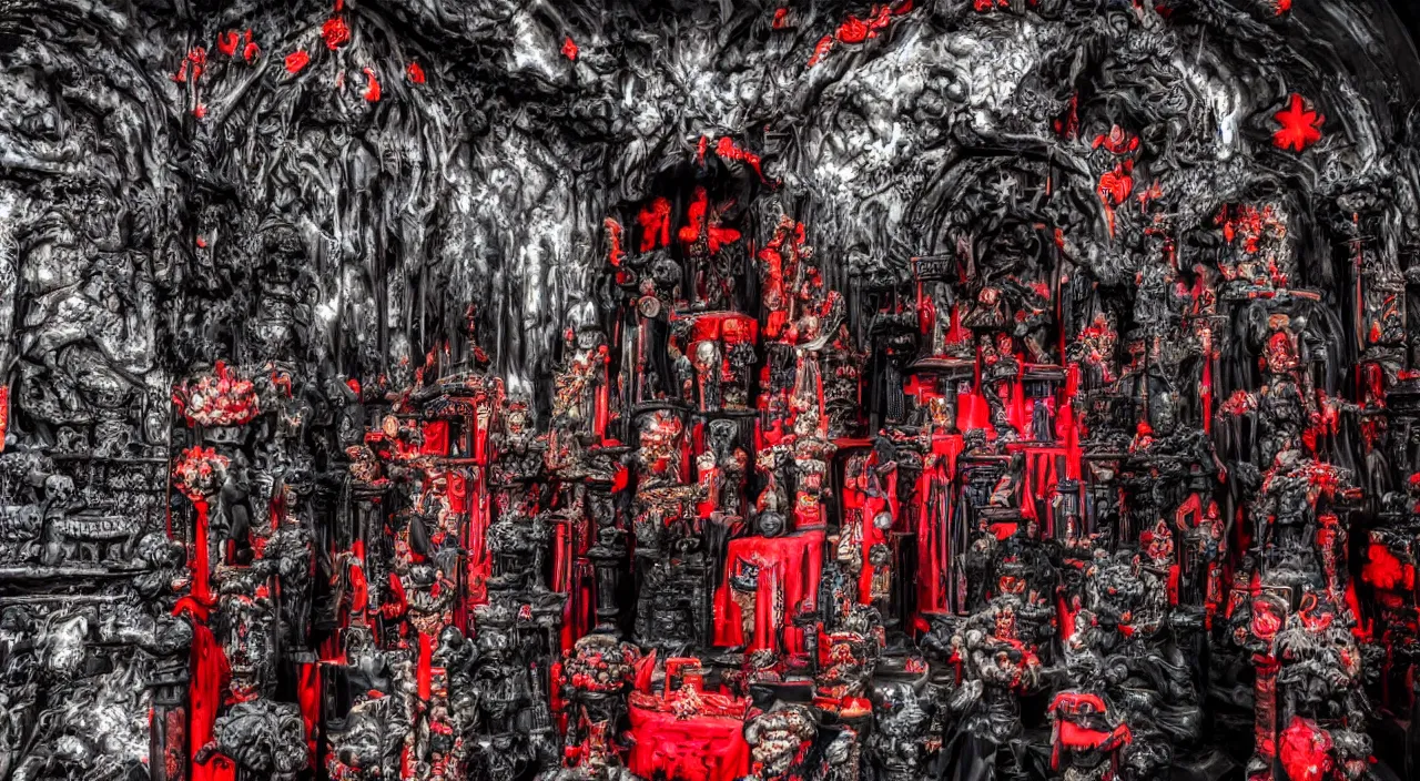 Prompt: Malevolent Shrine, Colorful Digital Photography, Surrounded by Black Water, Dark, Red Shrine, Traditional Shrine, Intricate Detail, ELS, Extreme Long Shot, ISO 100, Horror