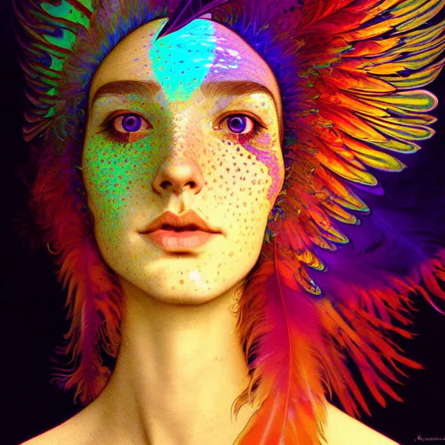 Prompt: face of young freckly psychedelic transcendent feather mind bending psychedelic wings of glossy liquid honey flowing like kaleidoscopic translucent holograph, lsd feathers, feathery fluff, enlightenment, high contrast dappled lighting, refracted sunset, highly detailed, concept art, art by collier, albert aublet, krenz cushart, artem demura, alphonse mucha