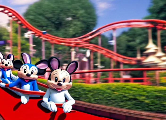 Image similar to film still of a bunny riding a roller coaster in disneyland paris, 8 k