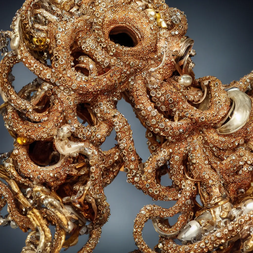 Image similar to a high-resolution color-chrome extreme closeup portrait photo of a octopus kissing a incredible elegant pale renaissance rococo Queen, with ornate jewelled, rococo Queen, sci-fi, high-tech, beautiful low light, style Steve McCurry Octane render 8k