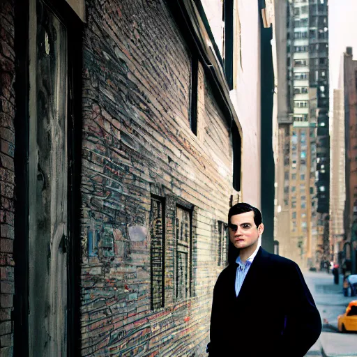 Image similar to closeup portrait of a Ben Shapiro , new york back street , by Steve McCurry and David Lazar, natural light, detailed face, CANON Eos C300, ƒ1.8, 35mm, 8K, medium-format print