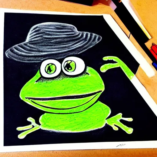 Image similar to hyperealistic charcoal drawing of Pepe the frog thru hiking on a desert trail