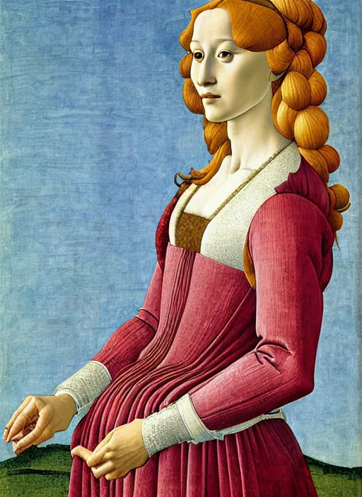 Prompt: portrait of young woman in renaissance dress and caul, art by sandro botticelli