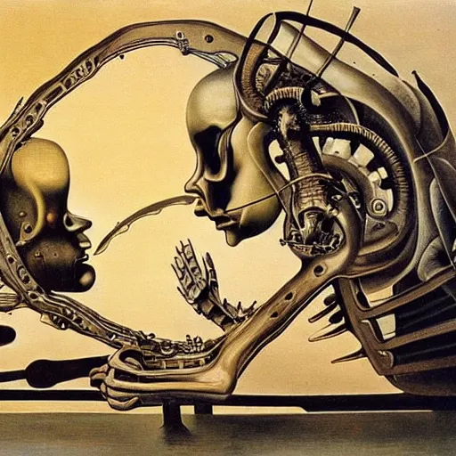 Image similar to Two mechanical beings in a deep conversation. Dali.