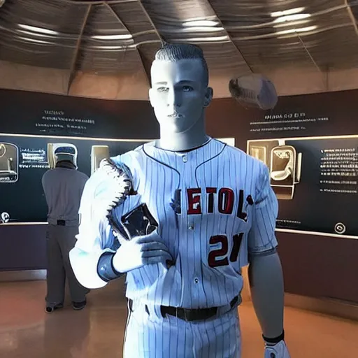 Image similar to “a realistic detailed photo of a guy who is an attractive humanoid who is half robot and half humanoid, who is a male android, baseball player Mike Trout, shiny skin, posing like a statue, blank stare, on the baseball field, on display”