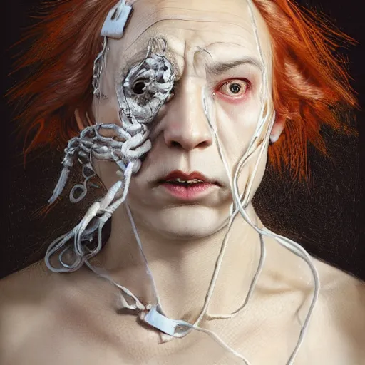 Image similar to portrait of a Shibari razor wire wrapped face and neck, headshot, insanely nice professional hair style, dramatic hair color, digital painting, of a old 17th century, old cyborg merchant, amber jewels, baroque, ornate clothing, scifi, realistic, hyperdetailed, chiaroscuro, concept art, art by Franz Hals and Jon Foster and Ayami Kojima and Amano and Karol Bak,