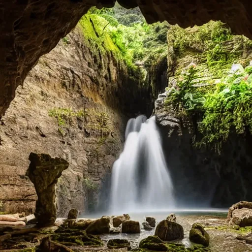 Image similar to ancient temple,plants and waterfalls in the interior of a cave