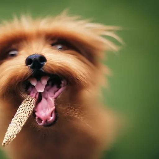 Prompt: closeup portrait of a small light brown furry dog with tongue licking its nose, natural light, sharp, detailed face, magazine, press, photo, Steve McCurry, David Lazar, Canon, Nikon, focus