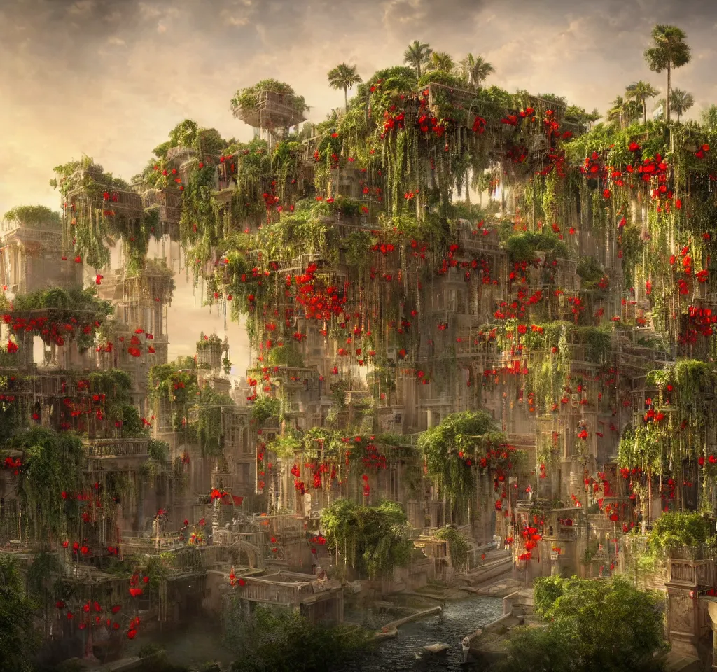 Image similar to 3 d render of the hanging gardens of babylon by greg rutkowski, victorian castle, golden ornaments, red flowers, reflective water, cranes, cg society, hyper detailed, dramatic, epic painting, sunset clouds, 8 k