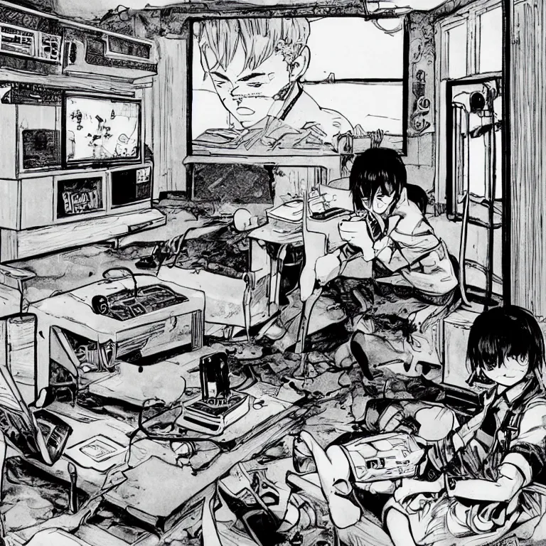 Image similar to manga illustration of teenager playing video games inside creepy 1 9 8 0's living room basement.