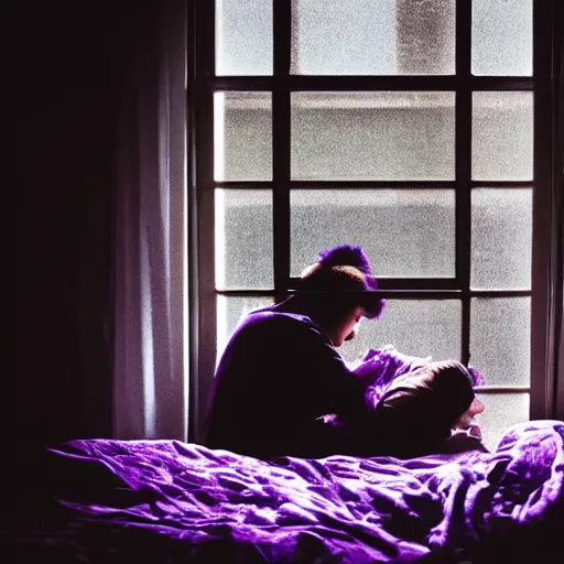 Image similar to man sleeping with a boy with purple hair and cat ears standing in window, dark lighting