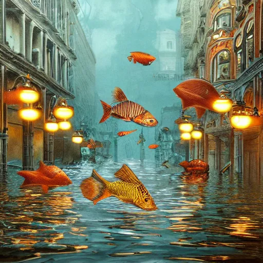 Image similar to fish swimming through a flooded city, deep aesthetic, hyper realism, highly ornate intricate details, 1 9 2 0's colored pencil, 4 k, cinematic lighting,