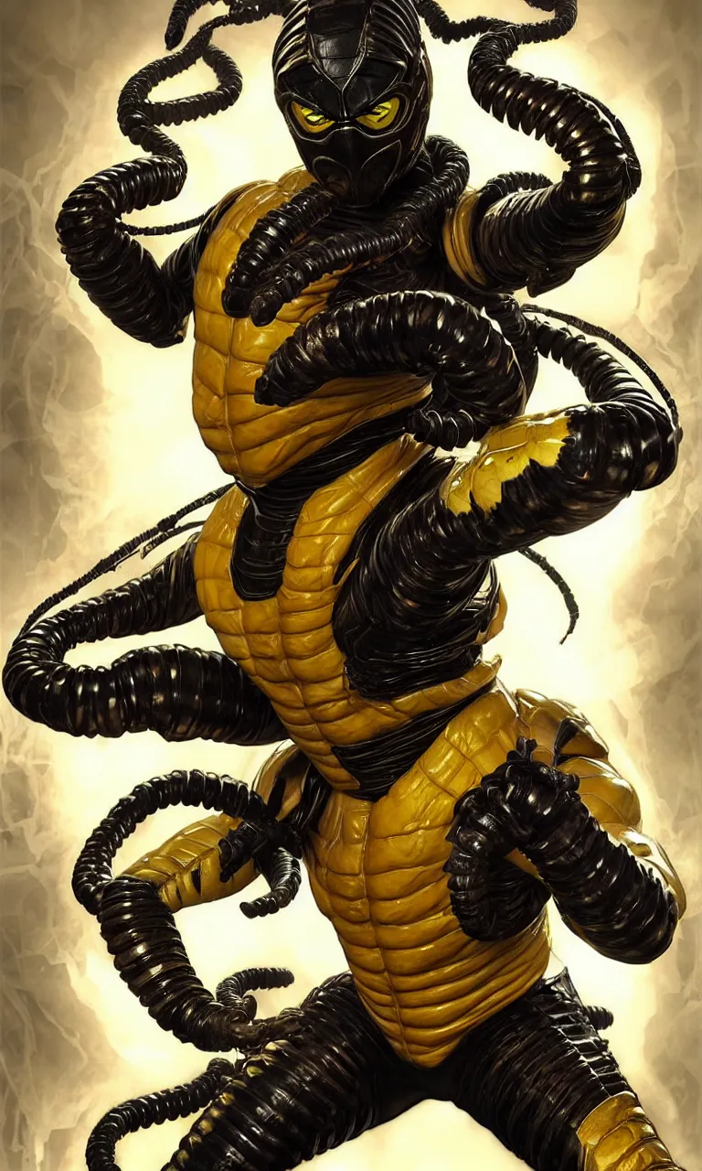 Prompt: hyper realistic full body portrait of scorpion from mortal kombat, yellow ninja exosuit, dynamic chain movement around him, by lee bermejo, alphonse mucha and greg rutkowski