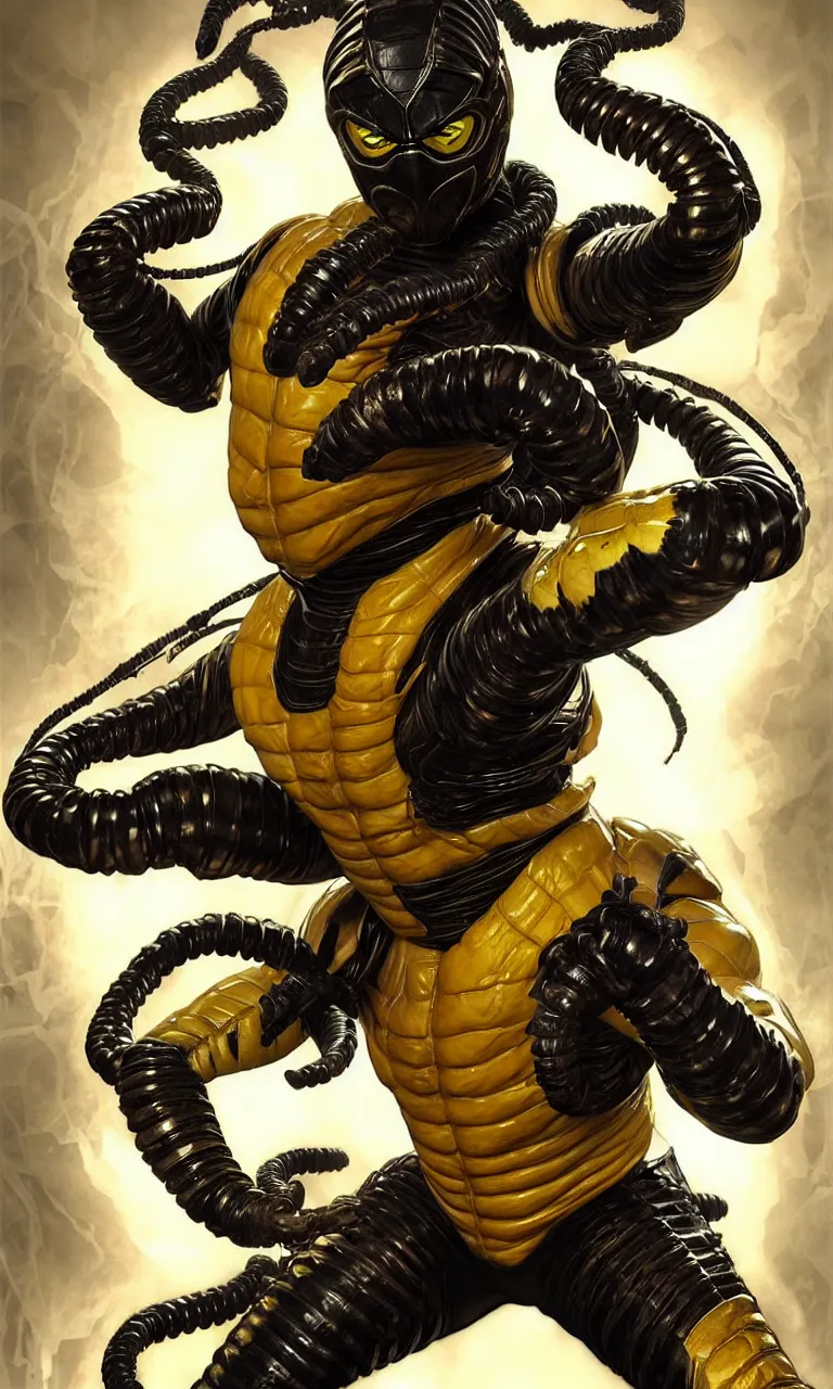 Image similar to hyper realistic full body portrait of scorpion from mortal kombat, yellow ninja exosuit, dynamic chain movement around him, by lee bermejo, alphonse mucha and greg rutkowski