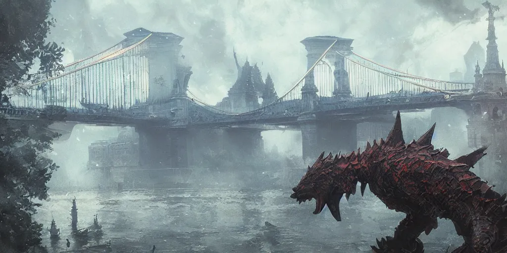 Image similar to kaiju in budapest, chain bridge painting, greg rutkowski, craig mullins, detailed, cinematic