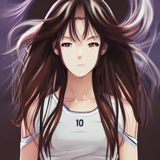 Image similar to badminton girl player, trading card front, anime style, long hair, hair down, symmetrical facial features, hanebado, hyper realistic, pale skin, 4 k, rule of thirds, extreme detail, detailed drawing, trending artstation, hd, sport, d & d, realistic lighting, by alphonse mucha, greg rutkowski, sharp focus, backlit