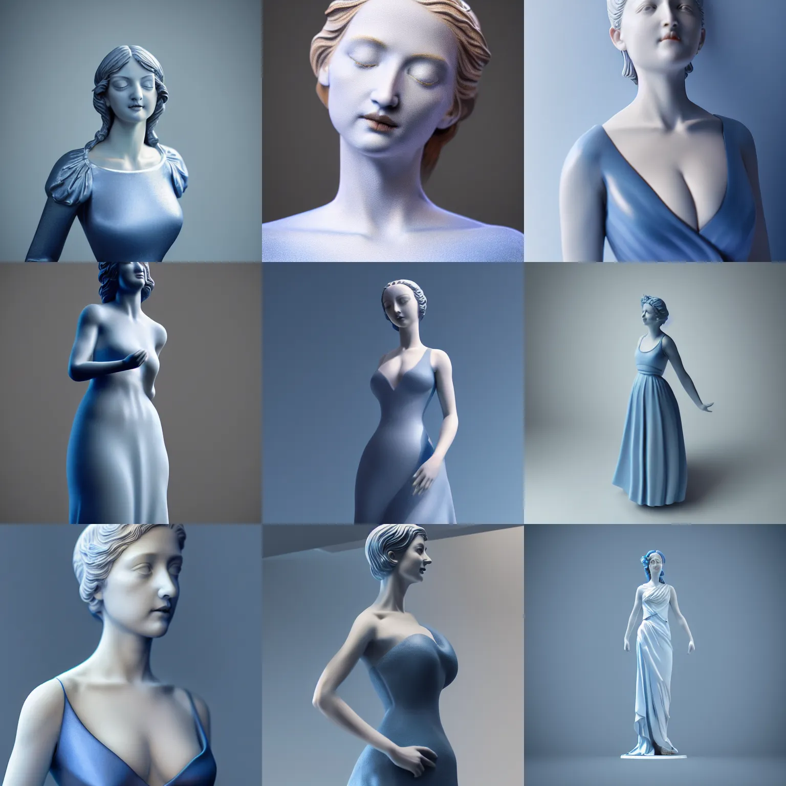 Prompt: statue of a perfect woman, porcelain, silver, blue soft details, soft!!, dark blue dress ( desgined by apple ), studio photo, octane render, studio lights, macro lens