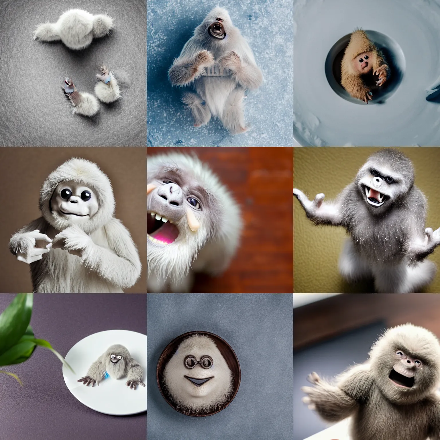 Prompt: a tiny, smiling yeti, standing on a white plate, waving at the camera, macro, shot from above