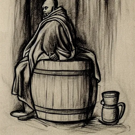 Prompt: charcoal sketch of a monk drinking wine next to a barrel, medieval style