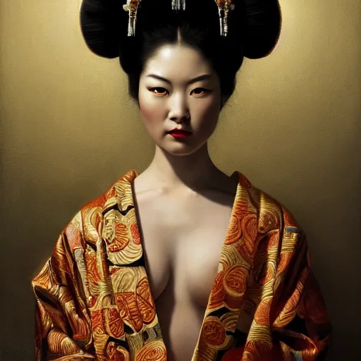 Prompt: highly detailed oil painting | very intricate | cinematic lighting | award - winning | the scandinavian viking geisha in an exquisite tribal kimono | by roberto ferri, by tom bagshaw, by j. c. leyendecker and klimt, beautiful cinematic light, american romanticism, by austin osman spare, artstation, cgsociety, official art, octane