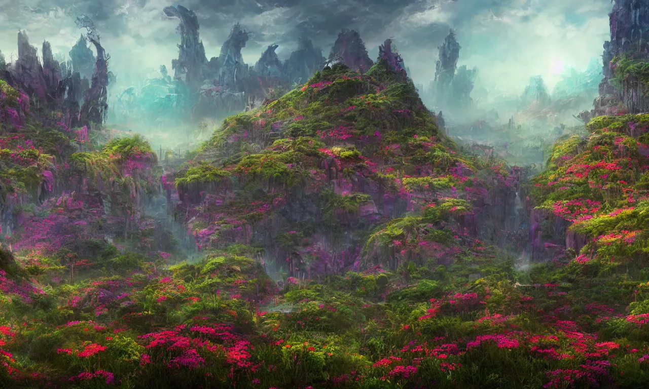 Prompt: a beautiful neon rock city landscape, vivid colors, high details, overgrown with wildflowers, cinematic, epic scale, 8k resolution, beautiful detailed, photorealistic, digital painting, dark atmosphere, artstation, concept art, smooth, sharp focus, illustration, fantasy background, artstation trending, octane render, unreal engine