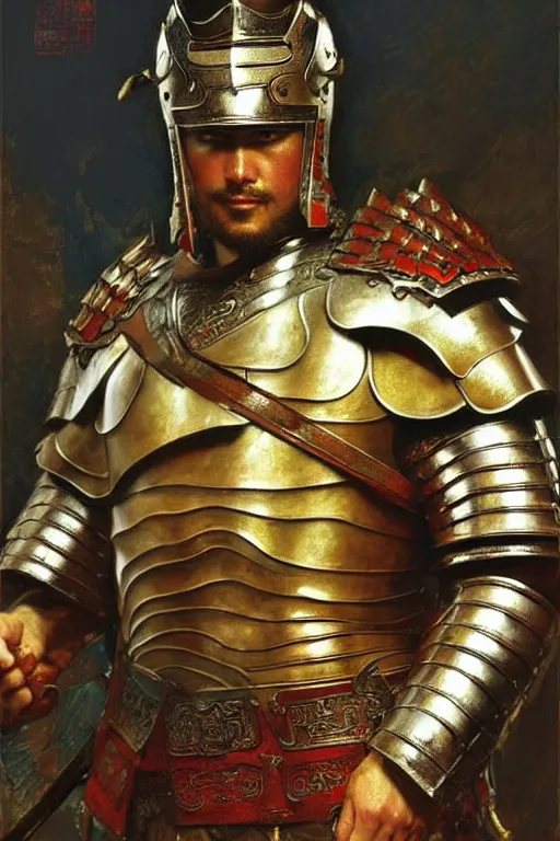 Image similar to beefy male wearing armor, tang dynasty, cublism, painting by gaston bussiere, craig mullins, j. c. leyendecker, tom of finland