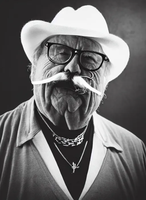 Image similar to dslr portrait photo still of!!! wilfred brimley!!!!!! white mustache mustache is white white white white mustache!!! as a gangsta rapper with gold chains and gold teeth grills growling at camera, 8 k, 8 5 mm f 1. 8