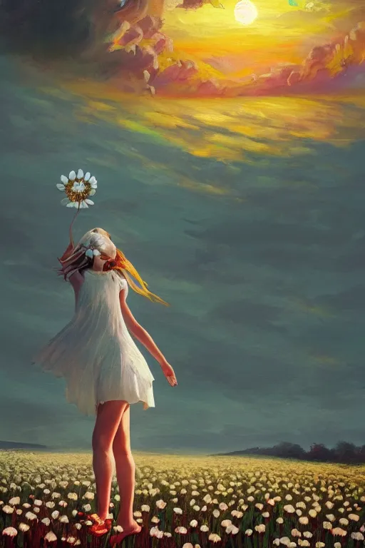 Prompt: giant white daisies flower as head, girl dancing in a flower field, surreal photography, sunrise, dramatic light, impressionist painting, colorful clouds, digital painting, artstation, simon stalenhag