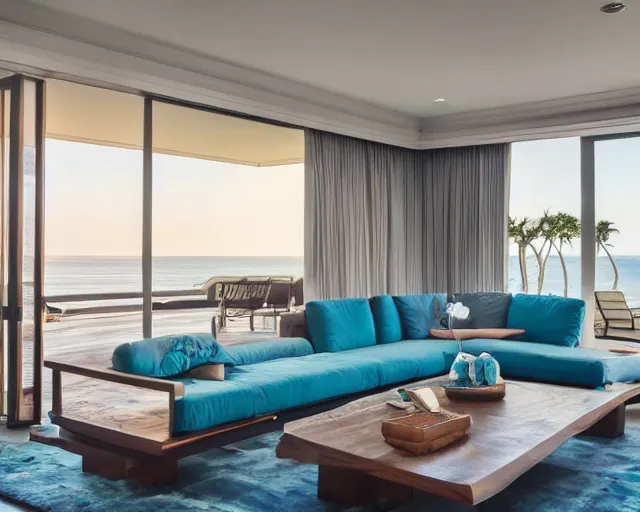 Image similar to A modern living room in a ocean hues style next to a big terrace overlooking the ocean, luxurious wooden coffee table in the center, inspired by the ocean, calm, relaxed style, harmony, wide angle shot, 8k resolution, ultra detailed