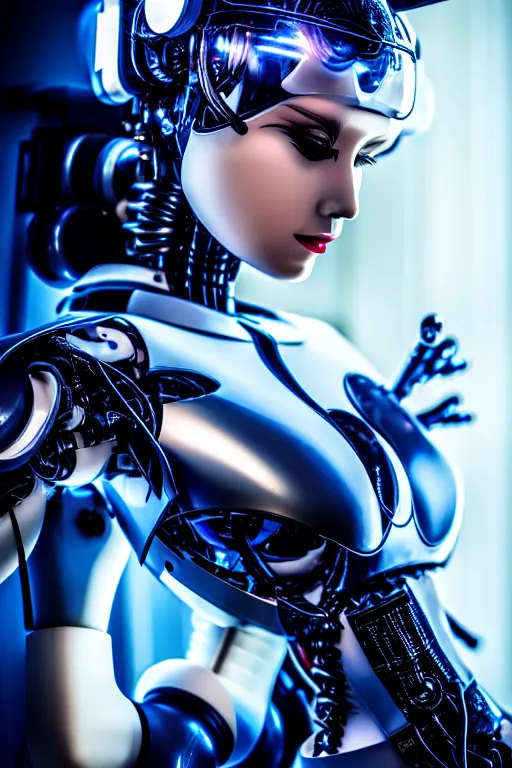 Image similar to cybernetic ultra high tech female robot with cat ears, neo - rococo, sci - fi, cyberpunk, high tech, futurism, exoskeleton, symmetry, cinematic, elegant, luxury, perfect light, perfect composition, dlsr photography, sharp focus, 8 k, ultra hd, sense of awe, highly detailed, realistic, intricate, science journal cover