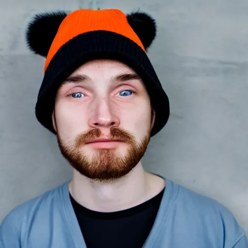 Image similar to close-up a 25 year old man wearing a black winter hat and a orange jail inmate tshirt, inside a underground facility, blue eyes, hideous, side lighting, Jan Kalous, D-55240