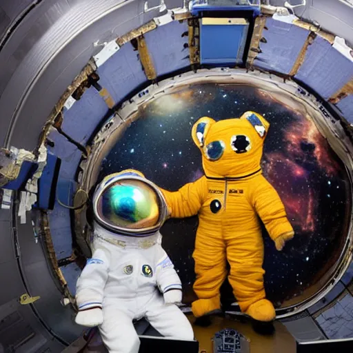 Prompt: TY Beanie Baby animals dress up in space suits and play on the James Webb Telescope in space.